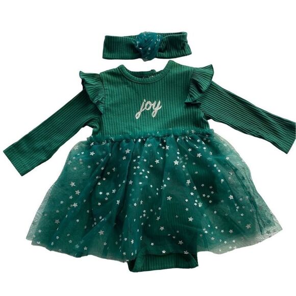 LITTLE ME BABY GIRL 9 MONTH “JOY” GREEN Bodysuit Dress with Matching Headband - Picture 1 of 12